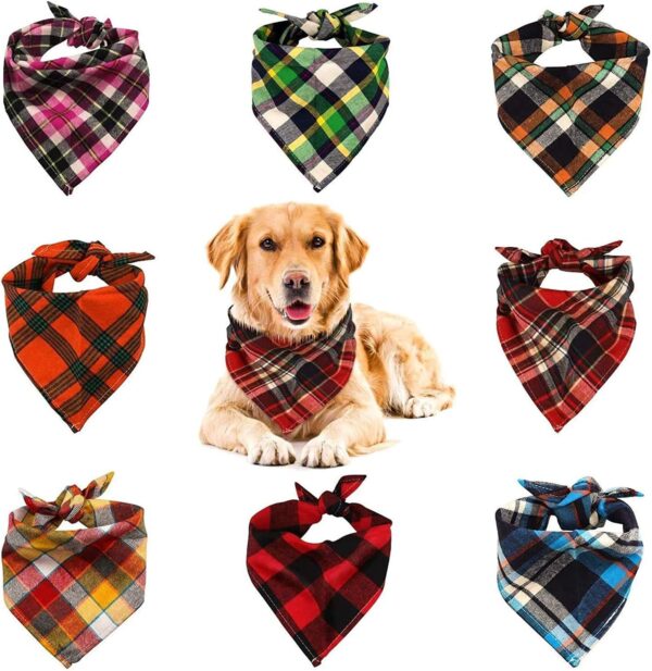 Dog Bandana, VIPITH 8 Pack Plaid Bibs Scarf, Washable Reversible Adjustable Triangle Dog Scarf Bow Ties for Pets and Cats (Random Color)