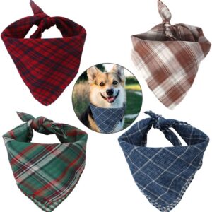 Dadabig 4 Pack Dog Bandana, Dog Kerchief Neckerchief Plaid Bibs Scarf Adjustable Reversible Triangle Bibs Scarf Accessories for Small Medium Large Dog and Cats, 4 Colors