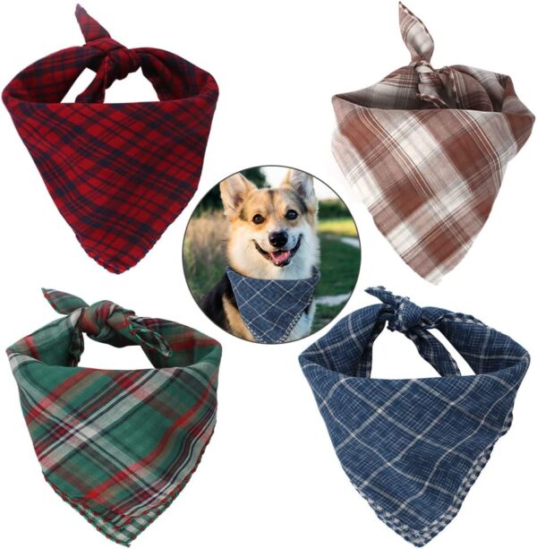 Dadabig 4 Pack Dog Bandana, Dog Kerchief Neckerchief Plaid Bibs Scarf Adjustable Reversible Triangle Bibs Scarf Accessories for Small Medium Large Dog and Cats, 4 Colors