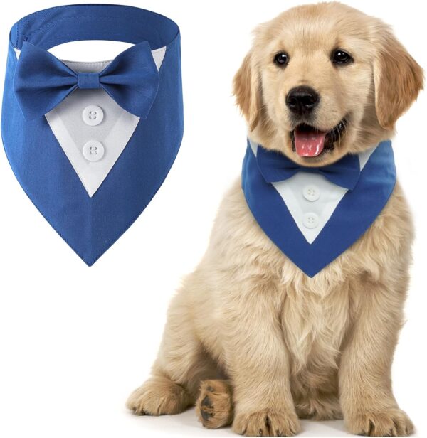 MHaustlie Dog Bandana Dog Formal Tuxedo Bandana Dog Wedding Bandana Adjustable Dog Neckerchief with Bow Tie Formal Tux Dog Bandana Dog Bowtie Bandana for Small Medium Large Dogs (S, Blue)