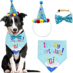 Dog Birthday Bandana Set, with Cute Doggie Birthday Party Hat and Bow Tie, for Cat and Dog Decoration(Blue)