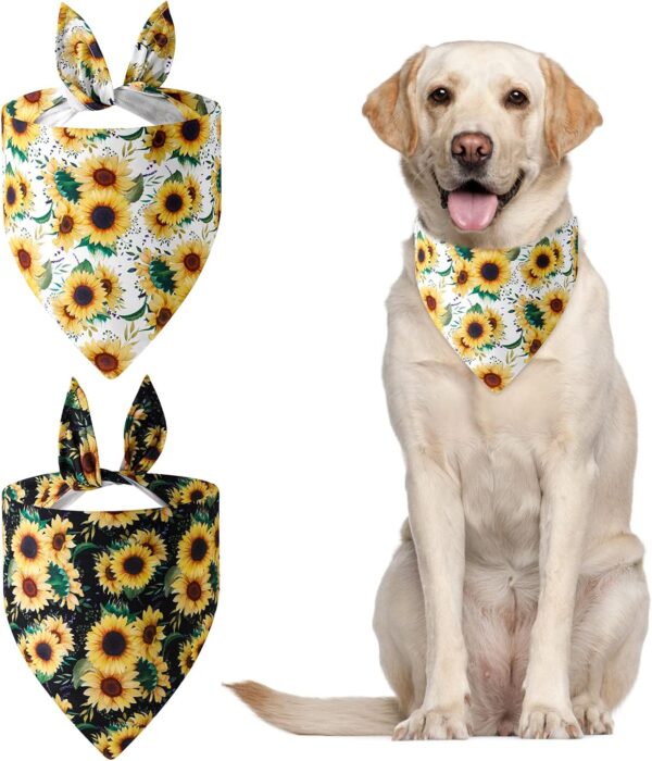 URROMA Sunflower Dog Bandanas, 2 Pcs Printing Unique Shape Adjustable Fit Kerchief Scarf for Small to Large Dog Puppy Cat