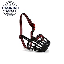 a plastic cage or basket style muzzle, mostly black, red striped nylon strap