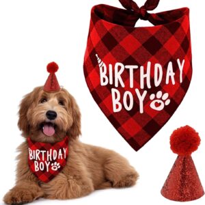 Dog Birthday Bandana, Pets Birthday Party Supplies Cotton Triangle Boy Dog Scarf with Cute Dog Birthday Hat for Small Medium Dogs Cats Costumes Headwear (Red)