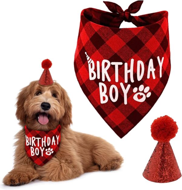 Dog Birthday Bandana, Pets Birthday Party Supplies Cotton Triangle Boy Dog Scarf with Cute Dog Birthday Hat for Small Medium Dogs Cats Costumes Headwear (Red)