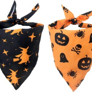 Halloween Dog Bandanas, 2pcs Washable Halloween Witch Pumpkin Pattern Dog Scarf, Adjustable Triangle Cat Dog Neckerchief, Halloween Pet Costume Accessories for Puppy Small Medium Large Dogs