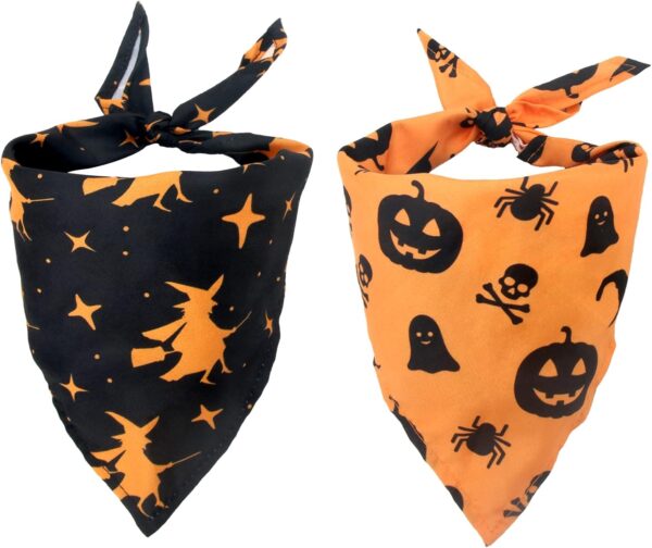 Halloween Dog Bandanas, 2pcs Washable Halloween Witch Pumpkin Pattern Dog Scarf, Adjustable Triangle Cat Dog Neckerchief, Halloween Pet Costume Accessories for Puppy Small Medium Large Dogs