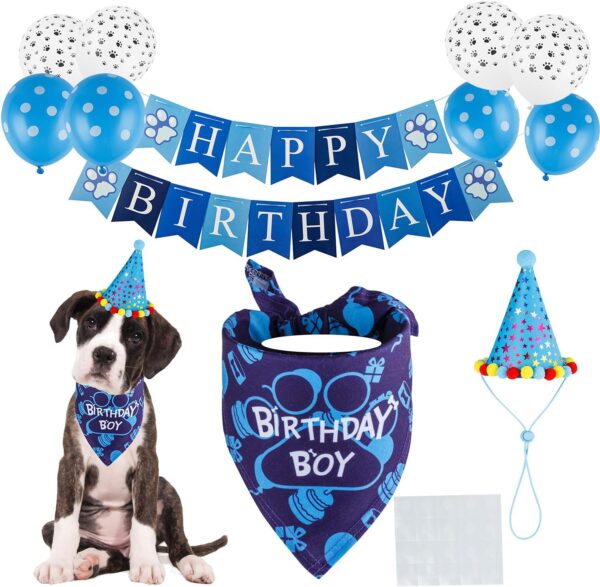 TCBOYING Dog Birthday Bandana, Dog Birthday Boy Hat Scarfs Flag Balloon with Cute Doggie Birthday Party Supplies Decorations (Style1, Blue)