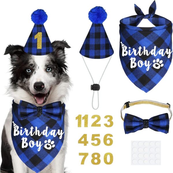 JOTFA Dog Birthday Party Supplies, Plaid Dog Birthday Boy Bandanas with Dog Birthday Party Hat Bow Tie Birthday Number for Small Medium Large Dogs Pets (Blue, Bandana & Hat & Bow Tie & Number)