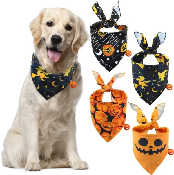 Halloween Dog Bandana with Pumpkin Bells, Pumpkin dog Triangle Scarfs, 4 Pack Bandanas for Medium and Large Pet(Style B)