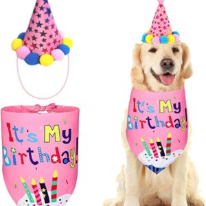 Dog Birthday Bandana Birthday Party Supplies,Dog Bandana with Cute Doggie Birthday Party Hat,Cute Girl Boy Dog Birthday Outfit for Cat and Dog Party Accessories(Pink）