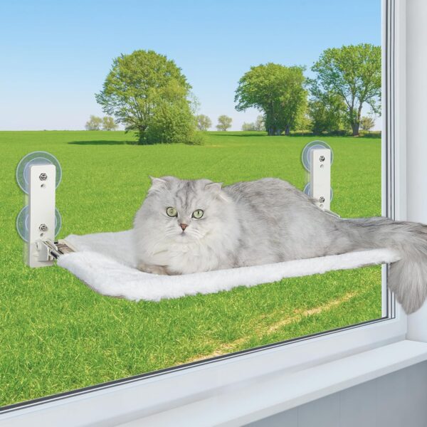 PEFUNY Cordless Folding Cat Window Perch, Cat Hammock for Window and Wall, with 4 Suction Cups, Sturdy Setal Frame for Glass Windows and Interior Walls (White Large)