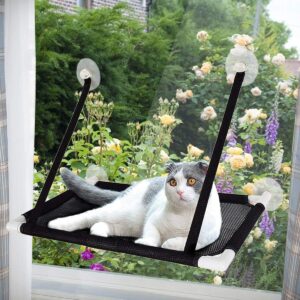 Afufu Cat Hammocks Window, Cat Window Seat, Sunny Seat Window Cat Perches 4 Big Suction Cups Holds Up 10kg, Space Saving and Safety Mounted Cat Bed (Black)