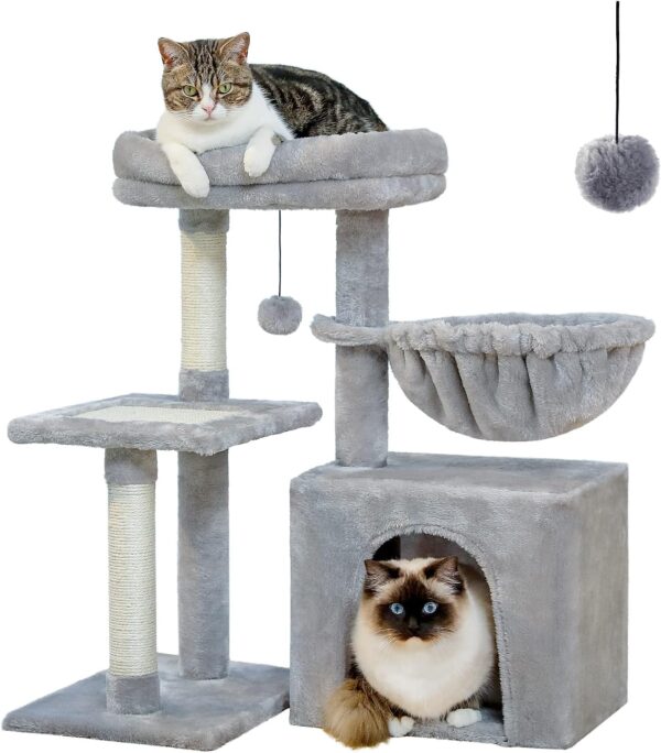 PAWZ Road Small Cat Tree, 73cm Cat Tower for Indoor Cats, 2 Styles Cat Activity Tree with Cat Scratching Posts, Big Hammock and Removable Top Perch Grey