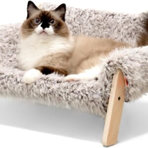 MEWOOFUN Large Cat Bed Sturdy Wooden Leg Raised Cat Sofa Bed Kitten Bed for Indoor Cats - Soft Cat Couch with Removable Cover Hold up 15kg, 56x45cm Brown-grey