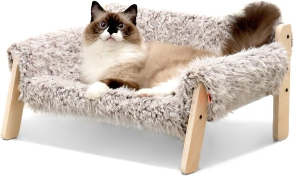 MEWOOFUN Large Cat Bed Sturdy Wooden Leg Raised Cat Sofa Bed Kitten Bed for Indoor Cats - Soft Cat Couch with Removable Cover Hold up 15kg, 56x45cm Brown-grey