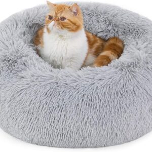 Bedsure Cat Bed Donut Bed - Cat Beds for Indoor Cats, Washable Fluffy Kitten Bed for Anti-Anxiety and Calming, Light Grey, 50x50x16cm