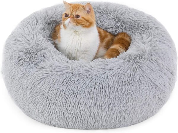 Bedsure Cat Bed Donut Bed - Cat Beds for Indoor Cats, Washable Fluffy Kitten Bed for Anti-Anxiety and Calming, Light Grey, 50x50x16cm