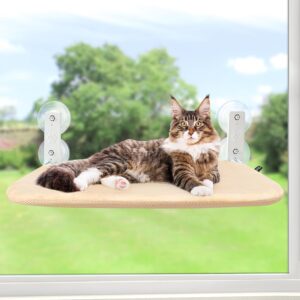 GUUSII HOME Cat Window Bed Hammock Perch with Upgraded Suction Cups Cat Windowsill Seat Foldable 52x30cm for Large Cats Perches Holding Up to 25kg Easy to put together (Flannel + Mesh - Beige)