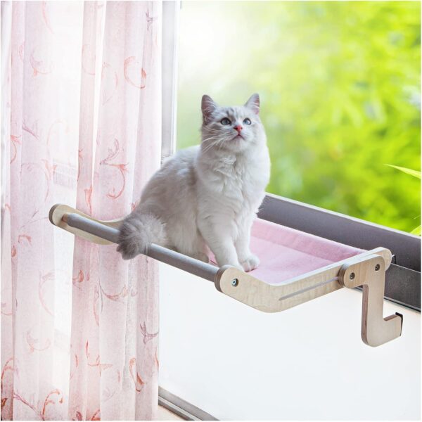 BOYILULEI Cat Window Perch Hammock Cat Bed Seat Adjustable for Indoor Kitty Shelf Sturdy Heavy Duty Non-Drilling Non-Suction Wooden Material Durable Holding 40 LBS Used for Window, Bedside, Drawer