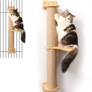 FUKUMARU Cat Activity Tree with Scratching Posts, Wall Mounted Jute Scratcher Pine Hammock, Natural Rubber Wood Material