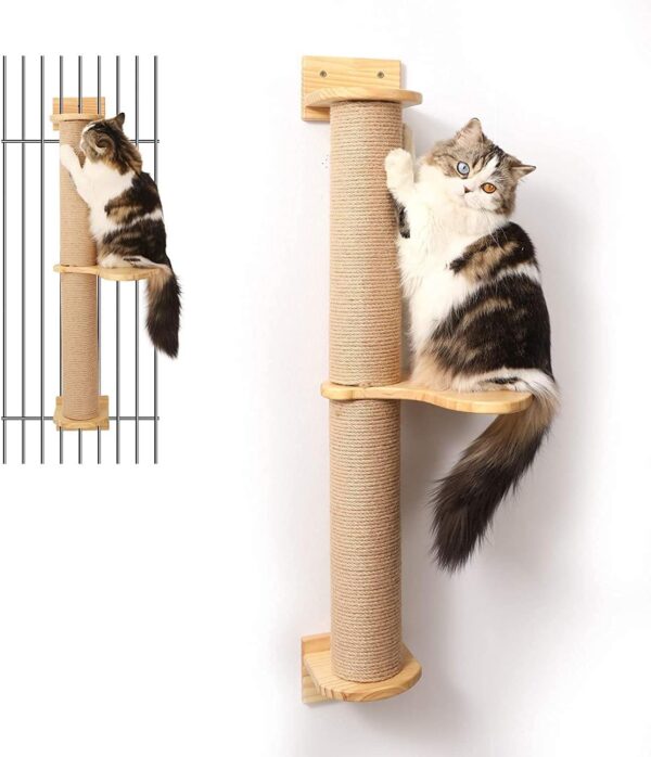 FUKUMARU Cat Activity Tree with Scratching Posts, Wall Mounted Jute Scratcher Pine Hammock, Natural Rubber Wood Material