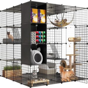 YITAHOME Large Cat Cage with Storage Cube, DIY Indoor Catio Cat Enclosures Metal Cat Playpen with Large Hammock for 1-4 Cats, 4-Tiers Cat Kennel for Cats, Bunny, Chinchilla, Black, 140 x 140 x 140 cm