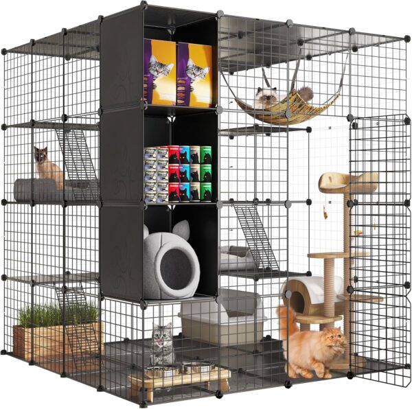 YITAHOME Large Cat Cage with Storage Cube, DIY Indoor Catio Cat Enclosures Metal Cat Playpen with Large Hammock for 1-4 Cats, 4-Tiers Cat Kennel for Cats, Bunny, Chinchilla, Black, 140 x 140 x 140 cm