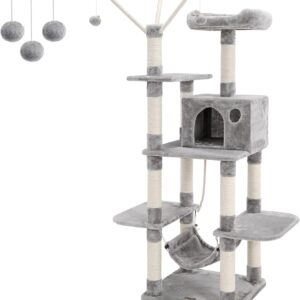 FEANDREA Cat Tree, Cat Condo with Hammock, Perch, Cat Tower, Light Grey PCT86W