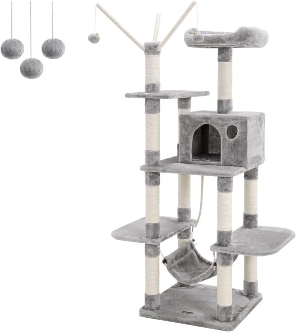 FEANDREA Cat Tree, Cat Condo with Hammock, Perch, Cat Tower, Light Grey PCT86W