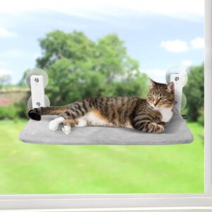 GUUSII HOME Cat Window Bed Hammock Perch with Upgraded Suction Cups Cat Windowsill Seat Foldable 52x30cm for Large Cats Perches Holding Up to 25kg Easy to put together (Flannel + Mesh - Gray)