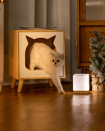 TV-shaped cat house as a nightstand