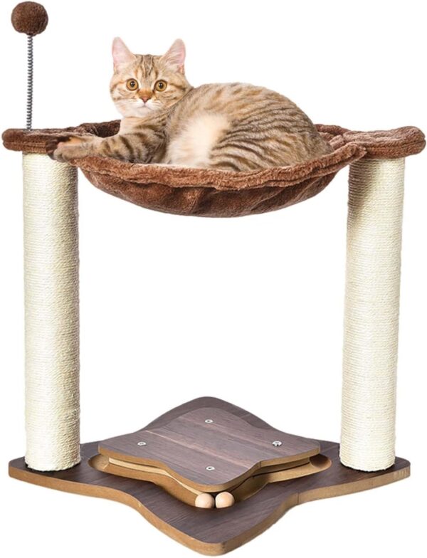 NeoCloud Cat Scratching Post with Cat Hammock Cat Tree Cat Bed with Interactive Track Ball, Brown