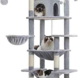 PETEPELA 173cm Cat Tree for Indoor Large Cats, Tall Cat Tower for Fat Cats with Super Large Hammock(50*40cm), Multi-Level Cat Activity Trees with Scratching Posts, Condo House and Large Top Perch,Grey