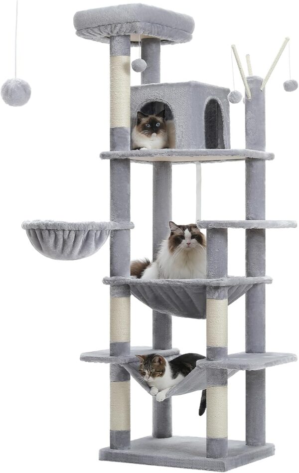 PETEPELA 173cm Cat Tree for Indoor Large Cats, Tall Cat Tower for Fat Cats with Super Large Hammock(50*40cm), Multi-Level Cat Activity Trees with Scratching Posts, Condo House and Large Top Perch,Grey