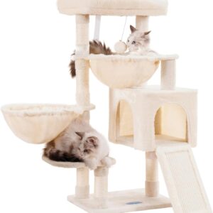 Hey-brother Cat Tree, Cat Tower for Indoor Cats, Cat Activity Centre with Padded Perch, Cozy Hammocks and Scratching Pad, Beige EMPJ006SM