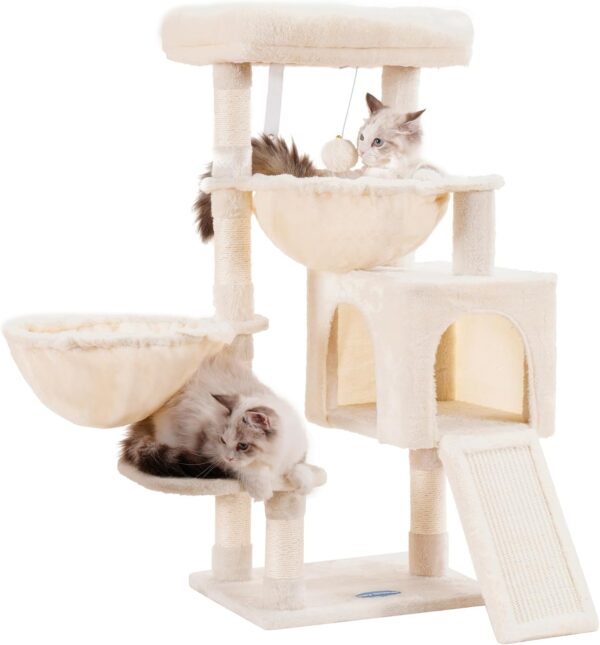 Hey-brother Cat Tree, Cat Tower for Indoor Cats, Cat Activity Centre with Padded Perch, Cozy Hammocks and Scratching Pad, Beige EMPJ006SM