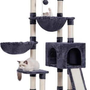 Hey-brother Cat Tree, Large Cat Tower for Indoor Cats, 135 cm Cat Activity Centre with Padded Perch, Cozy Hammocks and Scratching Pad, Dark grey EMPJ006-MG