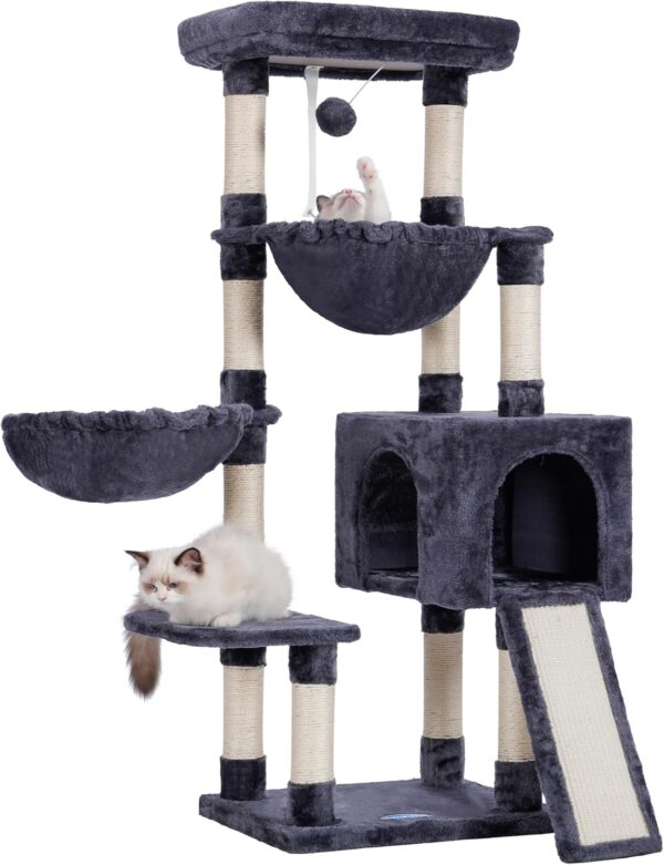 Hey-brother Cat Tree, Large Cat Tower for Indoor Cats, 135 cm Cat Activity Centre with Padded Perch, Cozy Hammocks and Scratching Pad, Dark grey EMPJ006-MG