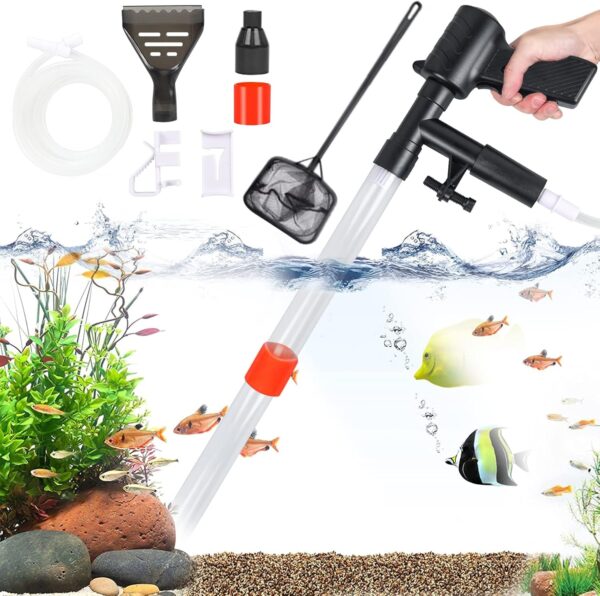 Fish Tank Aquarium Gravel Cleaner, Quick Water Changer Fish Tank Sand Vacuum Cleaner Kit with Air-Pressing Button, Aquarium Siphon Vacuum Cleaner with Fish Tank Net for Water Changing Cleaning Gravel