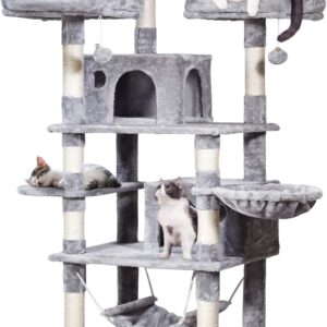 JISSBON Cat Tree Tower 170cm Cat Scratching Post with Condos, Basket, Hammock & Plush Perches for Kittens, Large Cats, Light Grey