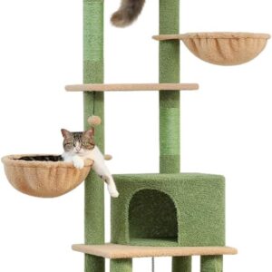 PETEPELA Cactus Cat Tree Floor to Ceiling Cat Tower with Large Condo Adjustable Height 216cm-285cm, 5 Tiers Cat Climbing Activity Center with Cozy Hammock, Platforms and Dangling Balls, Green