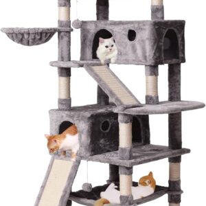 JISSBON Cat Tree Cat Tower 178cm, Multi Level Cat Scratching Post with Condos, Ladders, Basket, Hammock & Plush Perches for Kittens, Large Cats, Light Grey