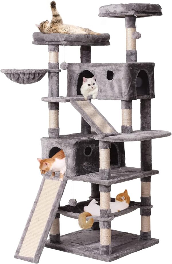 JISSBON Cat Tree Cat Tower 178cm, Multi Level Cat Scratching Post with Condos, Ladders, Basket, Hammock & Plush Perches for Kittens, Large Cats, Light Grey