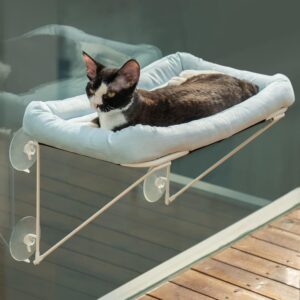 MEWOOFUN Cat Window Perch 52x30cm Foldable Cat Window Hammock Bed Metal Sturdy Supported with Soft Nest for Large Cats Holding Up to 18kg, Blue