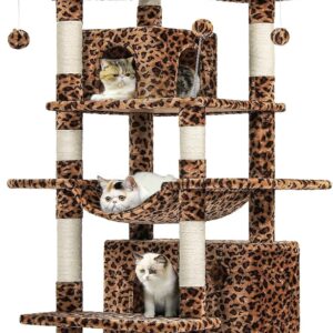 MSmask 67" Large Cat Tree, Multi-Level Cat Tower with 3 Top Perches, 2 Plush Condos, Scratching Posts, Stable Activity Center with Pedals/Hammock/Spring Ball for Kitten/Big Cat, Leopard Print