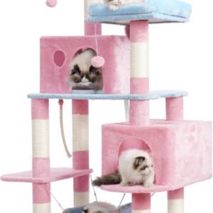 Hey-brother Large Multi-Level Cat Tree Condo Furniture with Sisal-Covered Scratching Posts, 2 Bigger Plush Condos, Perch Hammock for Kittens, Cats and Pets, Blue and Pink MPJ020BP