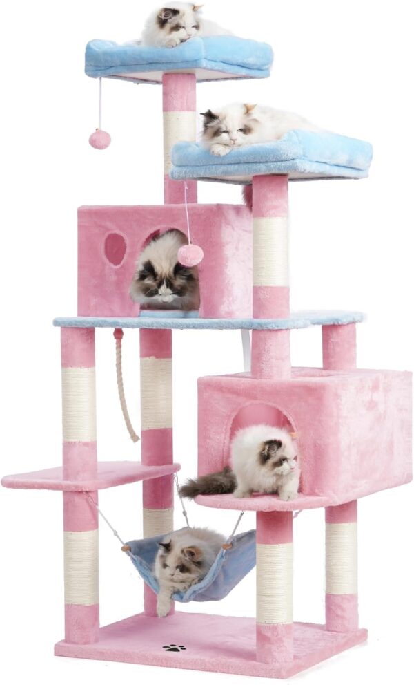 Hey-brother Large Multi-Level Cat Tree Condo Furniture with Sisal-Covered Scratching Posts, 2 Bigger Plush Condos, Perch Hammock for Kittens, Cats and Pets, Blue and Pink MPJ020BP