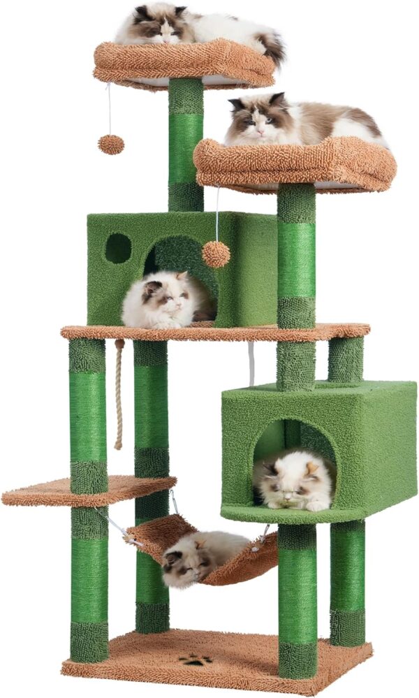 Hey-brother Large Multi-Level Cat Tree Condo Furniture with Sisal-Covered Scratching Posts, 2 Bigger Plush Condos, Perch Hammock for Kittens, Cats and Pets, Cactus MPJ020CA