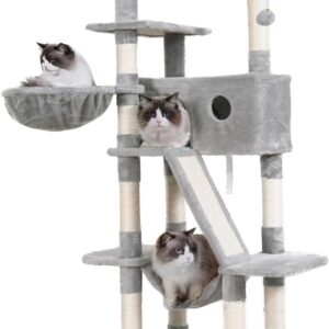 Hey-brother Cat Tree, 61 inch Cat Tower for Indoor Cats, Cat House with Padded Platform Bed, Toy Balls, Large Cozy Condo, Hammocks and Sisal Scratching Posts, Light Gray MPJ019W